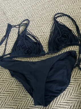 Pilyq Navy Fringe Triangle Bikini Set